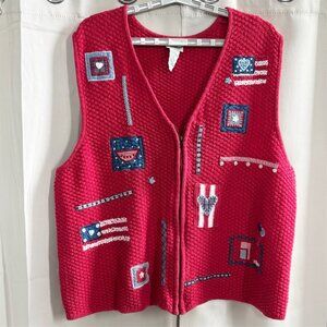 Vtg Koret City Blues Sweater Vest 1X Americana Zip Teacher Embroidered 18826